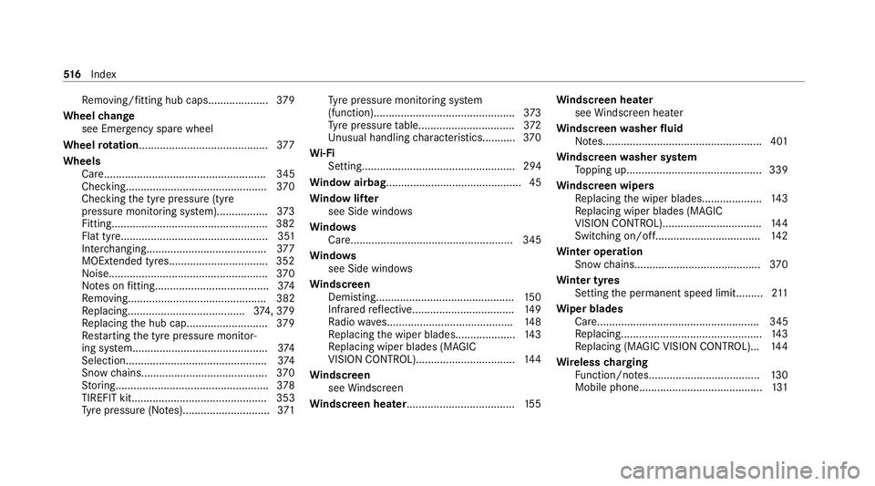 MERCEDES-BENZ GLE COUPE 2021  Owners Manual Re
moving/fitting hub caps.................... 379
Wheel change
see Emer gency spa rewheel
Wheel rotation........................................... 377
Wheels Care ...................................
