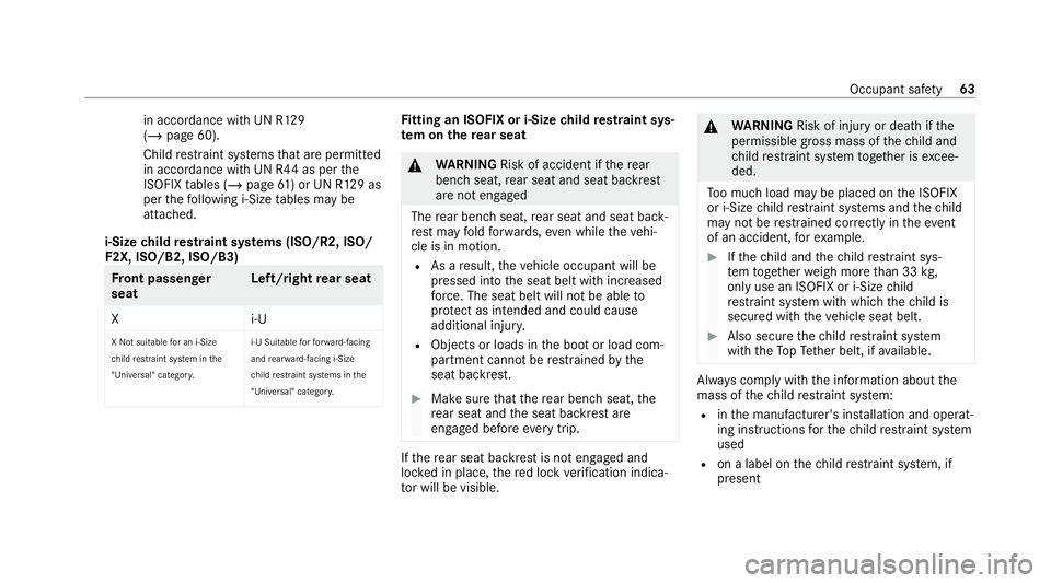 MERCEDES-BENZ GLE COUPE 2021  Owners Manual in accordance with UN R129
(/
page 60).
Child restra int sy stems that are permit ted
in accordance with UN R44 as per the
ISOFIX tables (/ page61) or UN R129 as
per thefo llowing i‑Size tables may 
