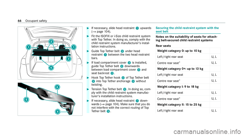 MERCEDES-BENZ GLE COUPE 2021 Owners Manual #
If necessar y,slide head restra int 1 upwards
(/ page 104). #
Fitthe ISOFIX or i‑Size child restra int sy stem
with TopTe ther. In doing so, comply with the
ch ild restra int sy stem manufacturer& MERCEDES-BENZ GLE COUPE 2021 Owners Manual #
If necessar y,slide head restra int 1 upwards
(/ page 104). #
Fitthe ISOFIX or i‑Size child restra int sy stem
with TopTe ther. In doing so, comply with the
ch ild restra int sy stem manufacturer&
