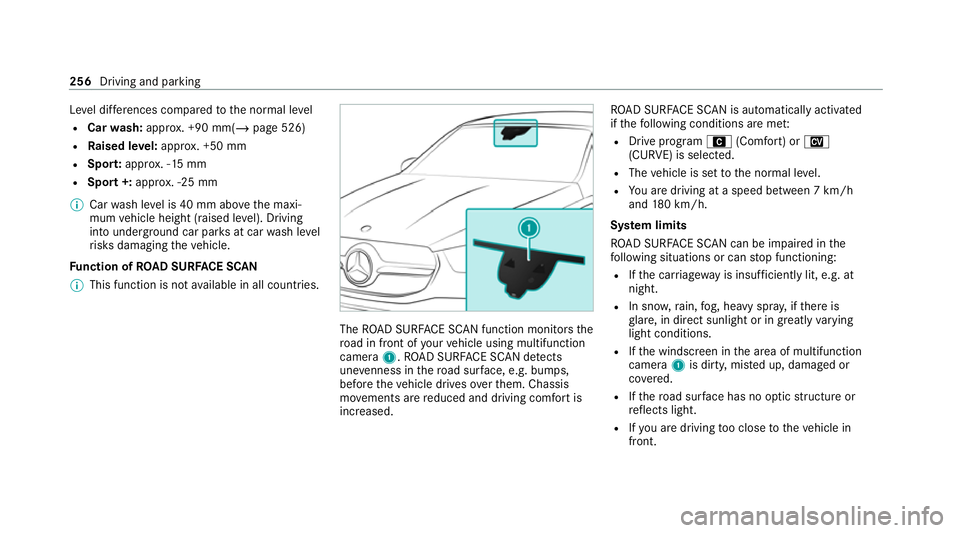 MERCEDES-BENZ GLE COUPE 2020  Owners Manual Le
vel dif fere nces compa redto the normal le vel
R Car wash: appr ox. +90 mm(/ page 526)
R Raised le vel:appr ox. +50 mm
R Spo rt:appr ox. -15 mm
R Spo rt+: appr ox. -25 mm
% Car wash le vel is 40 m