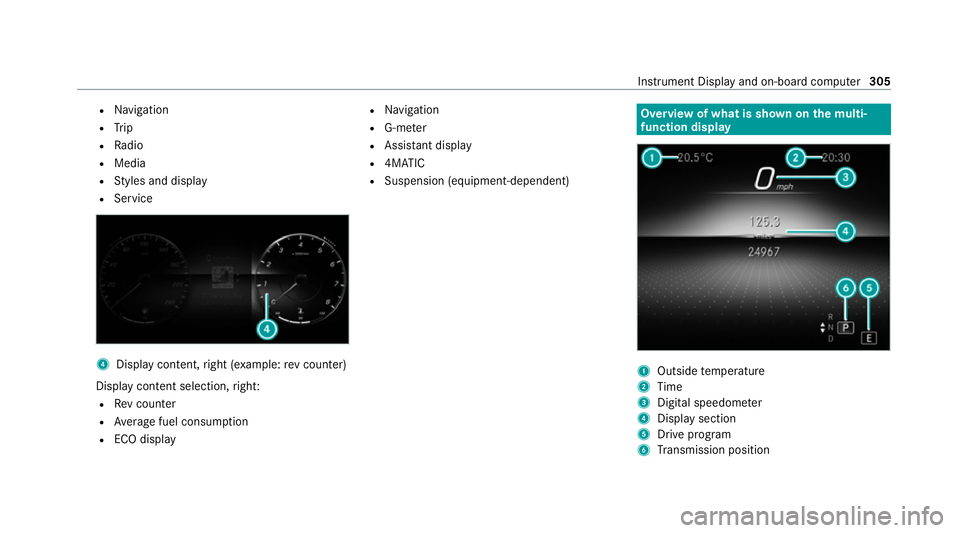 MERCEDES-BENZ GLE COUPE 2020  Owners Manual R
Navigation
R Trip
R Radio
R Media
R Styles and display
R Service 4
Display conte nt,right (e xamp le:rev counter)
Display content selection, right:
R Rev counter
R Average fuel consum ption
R ECO di