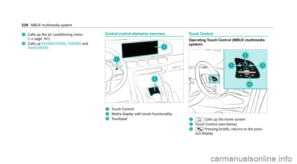 MERCEDES-BENZ GLE COUPE 2020  Owners Manual B
Calls up the air conditioning menu
(/ page 161)
C Calls up SUGGESTIONS ,THEMES and
FAVOURITES Central control elements
overview 1
Touch Control
2 Media displ aywith touch functionality
3 Touchpad To