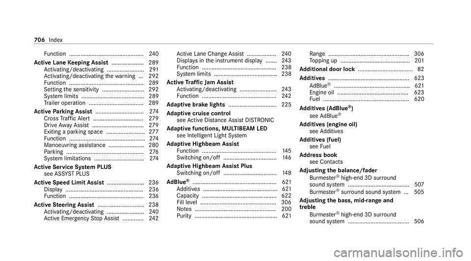 MERCEDES-BENZ GLE COUPE 2020 Owners Manual Fu
nction .............................................. 24 0
Ac tive Lane Keeping Assist .................... 289
Ac tivating/deactivating ...................... .291
Ac tivating/deactivating thewa r MERCEDES-BENZ GLE COUPE 2020 Owners Manual Fu
nction .............................................. 24 0
Ac tive Lane Keeping Assist .................... 289
Ac tivating/deactivating ...................... .291
Ac tivating/deactivating thewa r