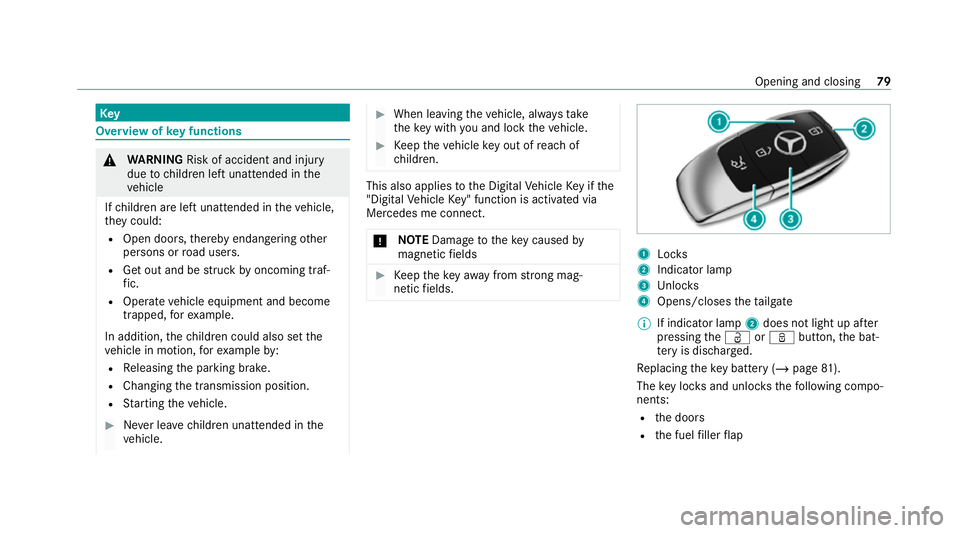 MERCEDES-BENZ GLE COUPE 2020  Owners Manual Key
Overview of
key functions &
WARNING Risk of accident and inju ry
due tochildren left unat tended in the
ve hicle
If ch ildren are left unat tended in theve hicle,
th ey could:
R Open doo rs,th ere