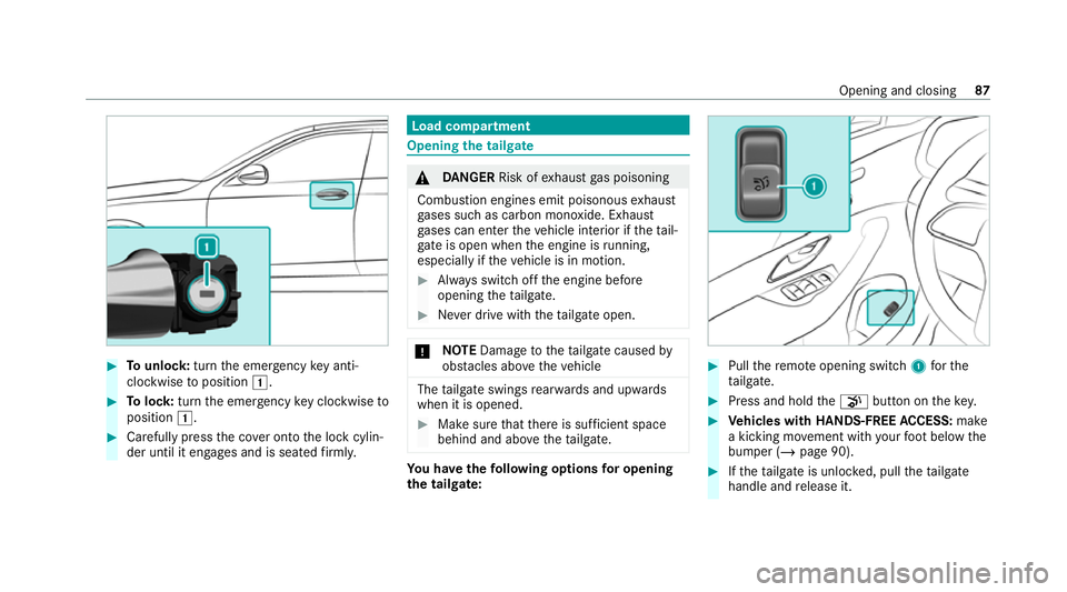 MERCEDES-BENZ GLE COUPE 2020 Owners Manual #
Tounlo ck:turn the emer gency key anti-
clo ckwise toposition 0047. #
Tolock: turnthe emer gency key clo ckwise to
position 0047. #
Carefully press the co ver onto the lock cylin‐
der until it eng MERCEDES-BENZ GLE COUPE 2020 Owners Manual #
Tounlo ck:turn the emer gency key anti-
clo ckwise toposition 0047. #
Tolock: turnthe emer gency key clo ckwise to
position 0047. #
Carefully press the co ver onto the lock cylin‐
der until it eng