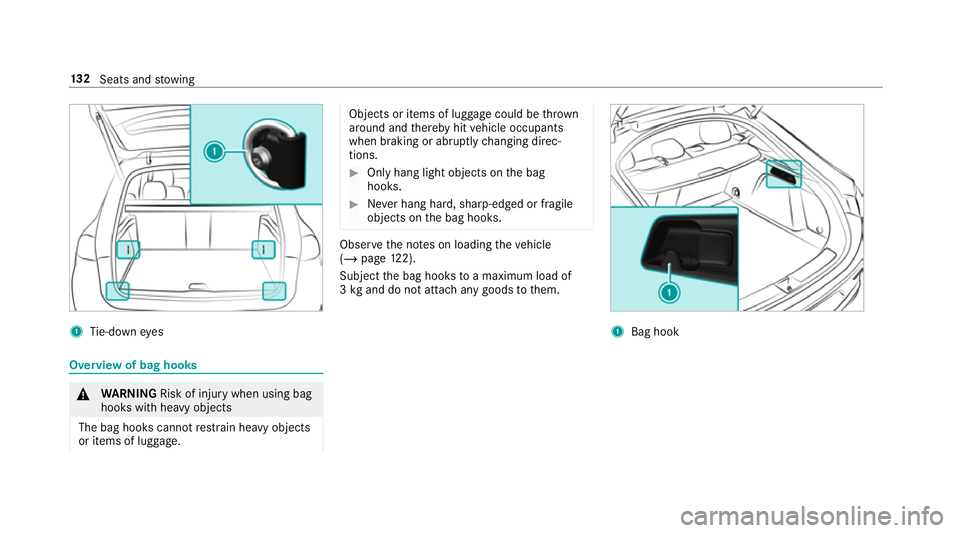 MERCEDES-BENZ GLE COUPE 2019  Owners Manual 1
Tie-down eyes Overview of bag hooks
&
WARNING Risk of inju rywhen using bag
hooks with heavy objects
The bag hooks cannot restra in heavy objects
or items of luggage. Objects or items of luggage cou