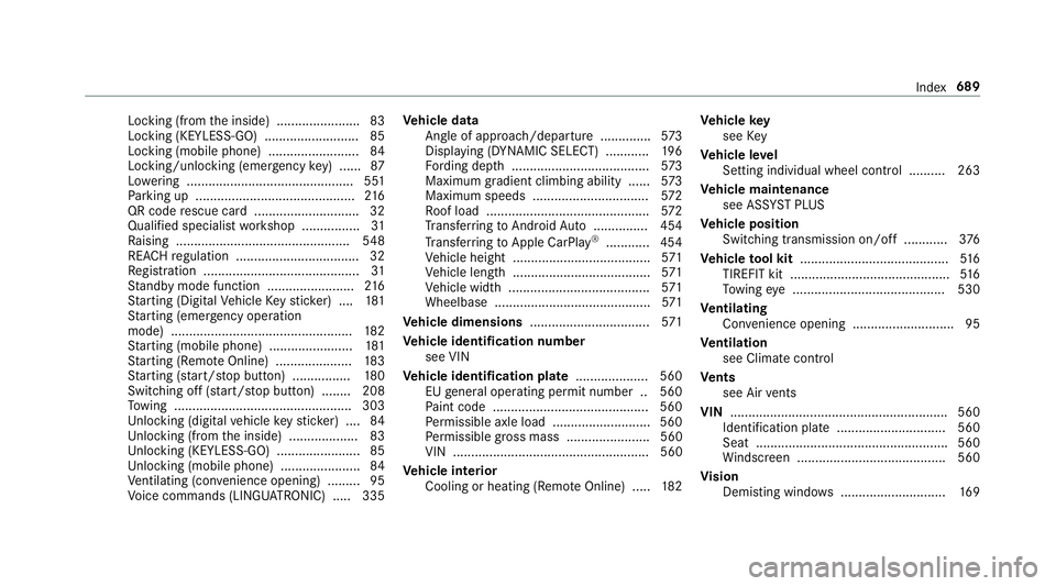 MERCEDES-BENZ GLE COUPE 2019 Owners Manual Locking (from
the inside) ....................... 83
Locking (KEYLESS-GO) .......................... 85
Locking (mobile phone) .........................84
Locking/unlocking (emergency key) ...... 87
L MERCEDES-BENZ GLE COUPE 2019 Owners Manual Locking (from
the inside) ....................... 83
Locking (KEYLESS-GO) .......................... 85
Locking (mobile phone) .........................84
Locking/unlocking (emergency key) ...... 87
L