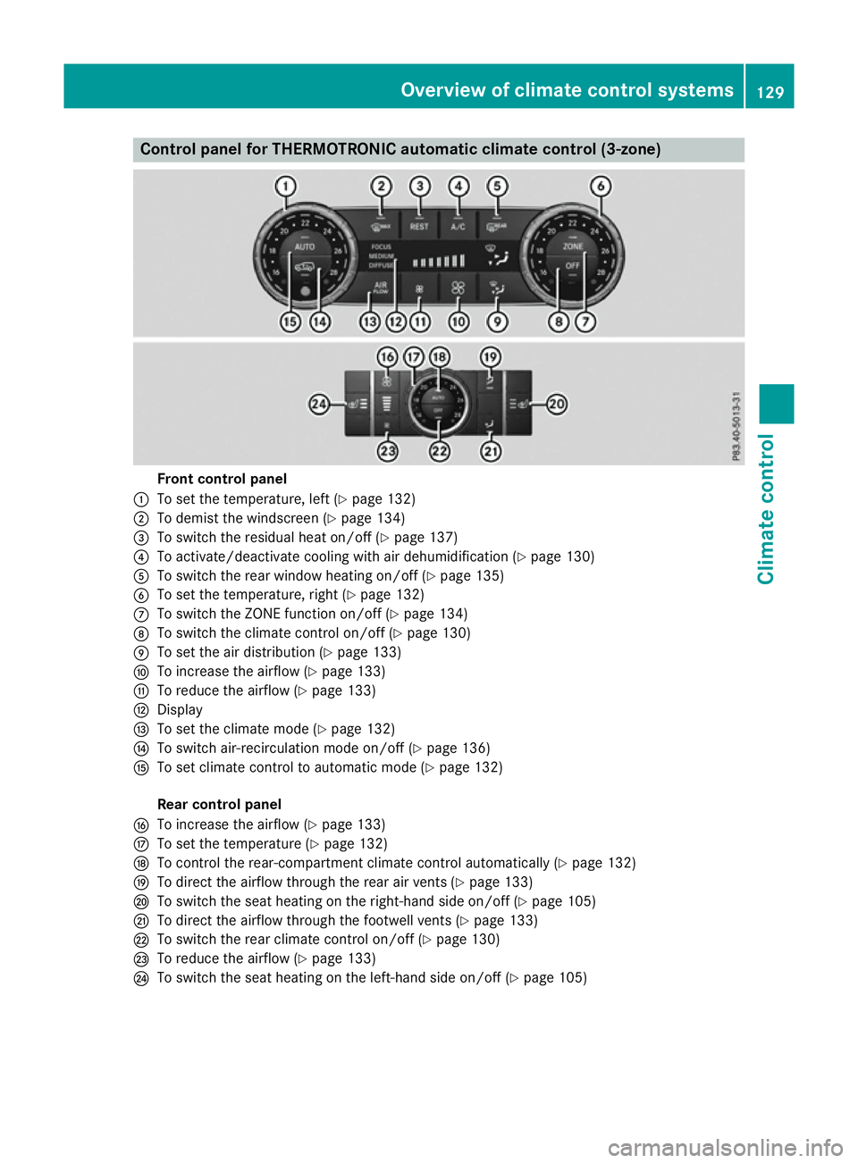 MERCEDES-BENZ GLE COUPE 2015 Owners Manual Control panel for THERMOTRONIC automatic climate control (3-zone)
Front control panel
: To set the temperature, left (Y page 132)
; To demist the windscreen (Y page 134)
= To switch the residual heat MERCEDES-BENZ GLE COUPE 2015 Owners Manual Control panel for THERMOTRONIC automatic climate control (3-zone)
Front control panel
: To set the temperature, left (Y page 132)
; To demist the windscreen (Y page 134)
= To switch the residual heat