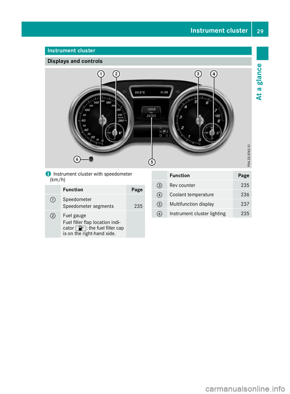 MERCEDES-BENZ GLE COUPE 2015  Owners Manual Instrument cluster
Displays and controls
i
Instrument cluster with speedometer
(km/h) Function Page
:
Speedometer
Speedometer segments 235
;
Fuel gauge
Fuel filler flap location indi-
cator 8: the fue