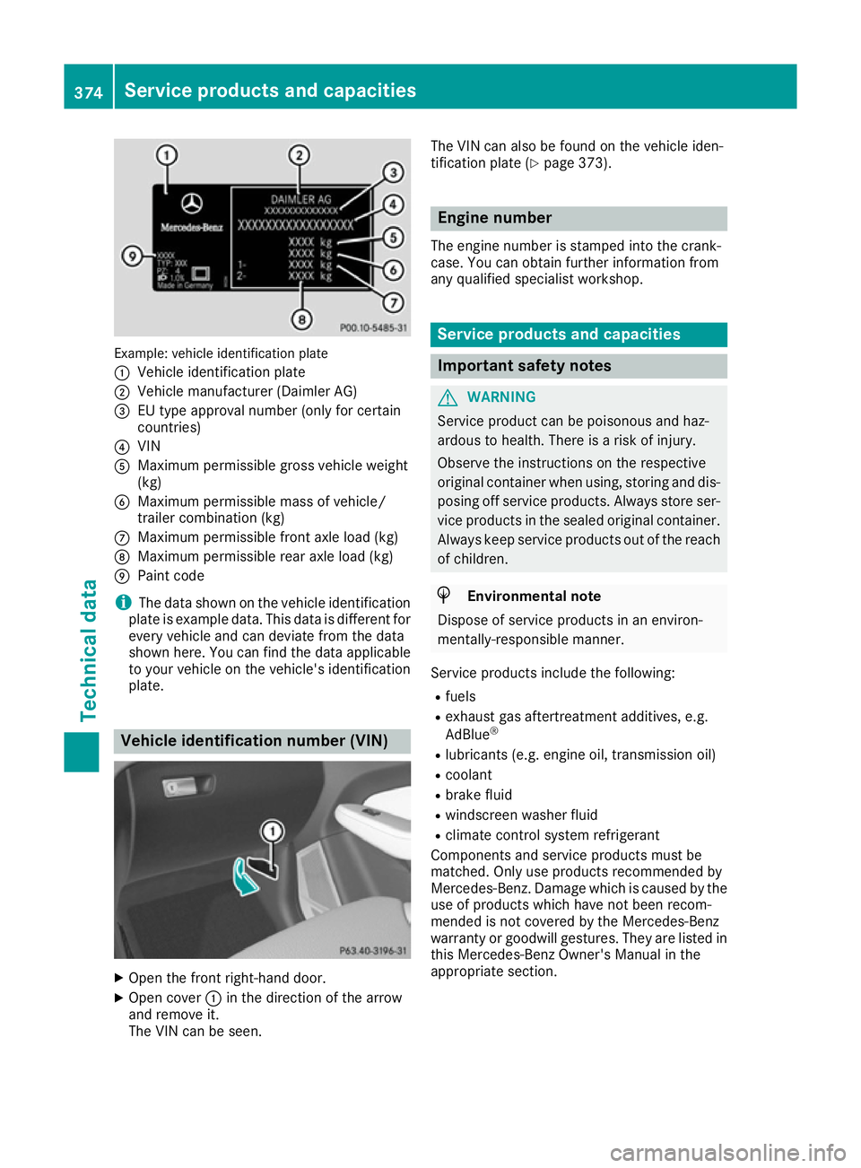 MERCEDES-BENZ GLE COUPE 2015  Owners Manual Example: vehicle identification plate
:
Vehicle identification plate
; Vehicle manufacturer (Daimler AG)
= EU type approval number (only for certain
countries)
? VIN
A Maximum permissible gross vehicl