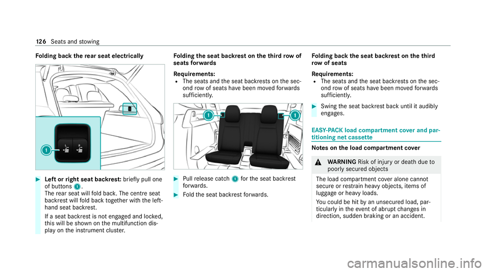 MERCEDES-BENZ GLE SUV 2021  Owners Manual Fo
lding back there ar seat electrically #
Left or right seat backres t:brief lypull one
of buttons 1.
The rear seat will fold bac k.The centre seat
backrest will fold back toge ther with the left-
ha
