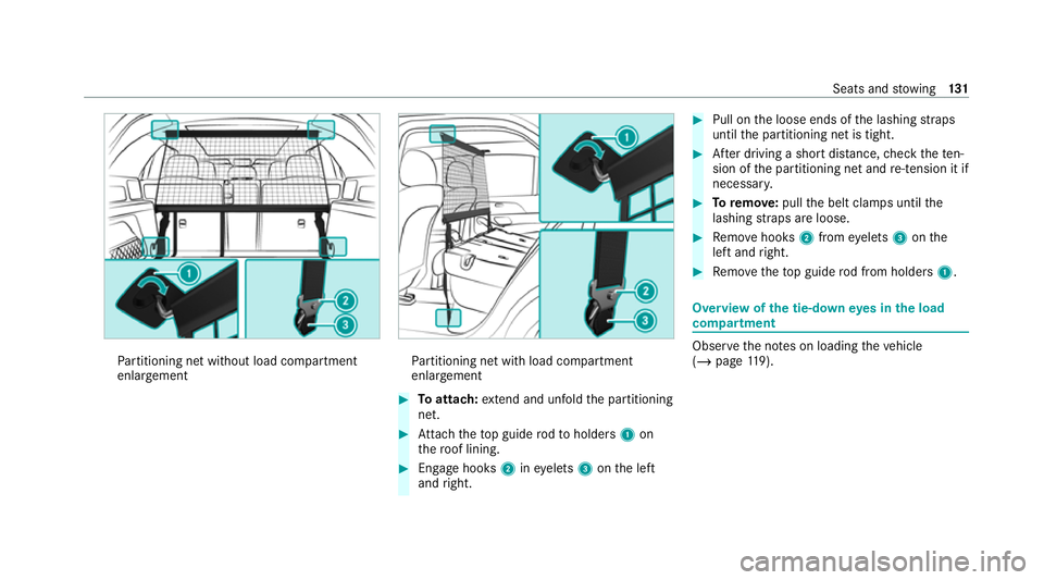 MERCEDES-BENZ GLE SUV 2021  Owners Manual Pa
rtitioning net without load compartment
enlar gement Pa
rtitioning net with load compartment
enlar gement #
Toattach: extend and unfold the partitioning
net. #
Attach theto p guide rodto holders 1o