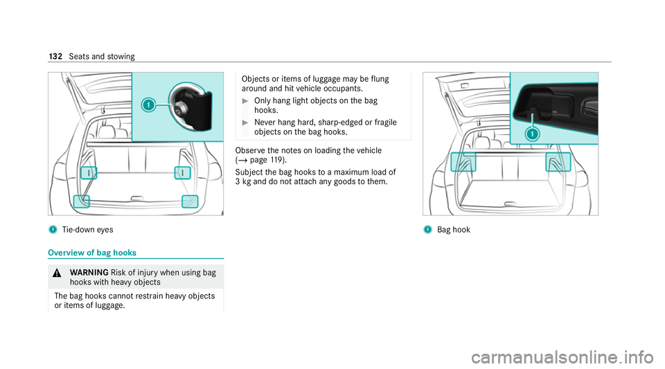 MERCEDES-BENZ GLE SUV 2021  Owners Manual 1
Tie-down eyes Overview of bag hooks
&
WARNING Risk of injury when using bag
hooks with heavy objects
The bag hooks cannot restra in heavy objects
or items of luggage. Objects or items of luggage may