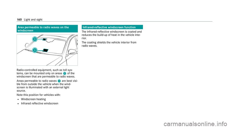 MERCEDES-BENZ GLE SUV 2021  Owners Manual Area permeable
to radiowav es on the
windscreen Ra
dio-contro lled equipment, such as toll sys‐
te ms, can be mounted only on areas 1ofthe
windscreen that are permeable toradio wav es.
Areas permeab