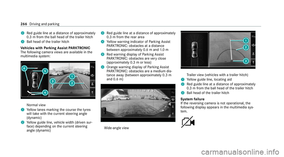 MERCEDES-BENZ GLE SUV 2021 Owners Manual 2
Red guide line at a dis tance of appr oximately
0.3 m from the ball head of the trailer hitch
3 Ball head of the trailer hitch
Ve hicles with Parking Assist PARKTRONIC
The following camera vie wsare MERCEDES-BENZ GLE SUV 2021 Owners Manual 2
Red guide line at a dis tance of appr oximately
0.3 m from the ball head of the trailer hitch
3 Ball head of the trailer hitch
Ve hicles with Parking Assist PARKTRONIC
The following camera vie wsare