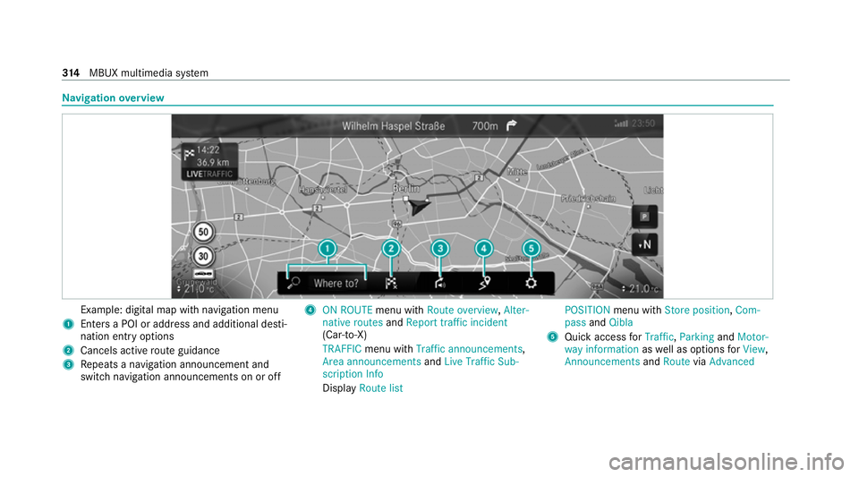 MERCEDES-BENZ GLE SUV 2021  Owners Manual Na
vigation overview Example: digital map with navigation menu
1 Enters a POI or address and additional desti‐
nation ent ryoptions
2 Cancels active route guidance
3 Repeats a navigation announcemen