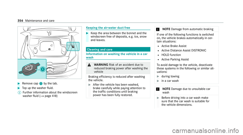 MERCEDES-BENZ GLE SUV 2021  Owners Manual #
Remo vecap 1bytheta b. #
Top up thewa sher fluid.
% Further information about the windscreen
wa sher fluid (/ page418) Ke
eping the air-water duct free #
Keep the area between the bonn etand the
win