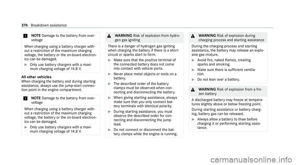 MERCEDES-BENZ GLE SUV 2021  Owners Manual *
NO
TEDama getothe battery from over‐
vo ltage When
charging using a bat tery charge r with‐
out a restriction of the maximum charging
vo ltage, the battery or the on-board electron‐
ics can be