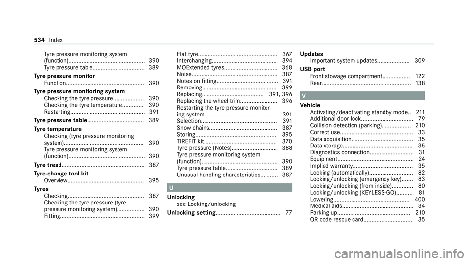 MERCEDES-BENZ GLE SUV 2021  Owners Manual Ty
re pressure monitoring sy stem
(function)............................................... 390
Ty re pressure table................................ 389
Ty re pressure moni tor
Fu nction..............