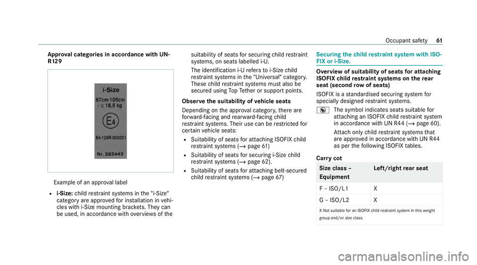MERCEDES-BENZ GLE SUV 2021  Owners Manual App
rova l categories in accordance with UN-
R129 Example of an appr
oval label
R i‑Size: child restra int sy stems in the "i‑Size"
category are appr ovedfo r ins tallation in vehi‐
cles