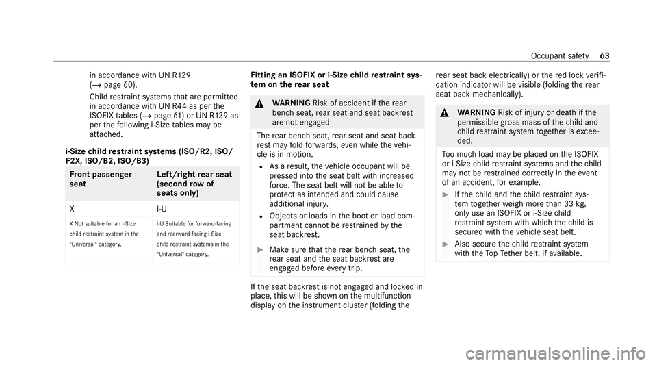 MERCEDES-BENZ GLE SUV 2021  Owners Manual in accordance with UN R129
(/
page 60).
Child restra int sy stems that are permit ted
in accordance with UN R44 as per the
ISOFIX tables (/ page61) or UN R129 as
per thefo llowing i‑Size tables may 