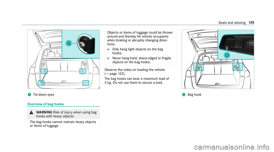 MERCEDES-BENZ GLE SUV 2019  Owners Manual 1
Tie-down eyes Overview of bag hooks
&
WARNING Risk of inju rywhen using bag
hooks with heavy objects
The bag hooks cannot restra in heavy objects
or items of luggage. Objects or items of luggage cou