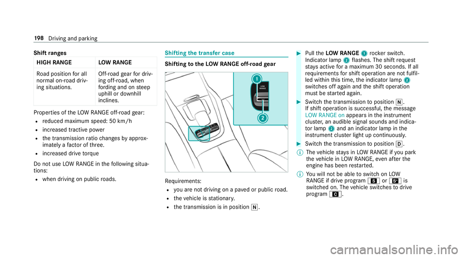MERCEDES-BENZ GLE SUV 2019  Owners Manual Shift
ranges
HIGH RANGE LOW RANGE
Ro ad position for all
normal on-road driv‐
ing situations. Off-road
gear for driv‐
ing off-road, when
fo rd ing and on steep
uphill or downhill
inclines. Propert