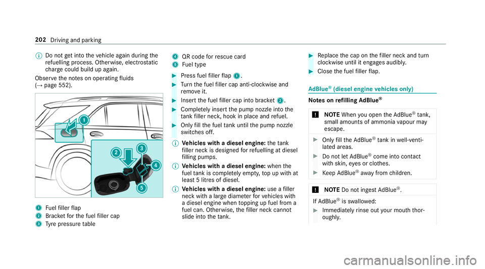 MERCEDES-BENZ GLE SUV 2019  Owners Manual %
Do not get into theve hicle again during the
re fuelling process. Otherwise, electros tatic
ch arge could build up again.
Obser vethe no tes on operating fluids
(→ page 552). 1
Fuelfiller flap
2 B