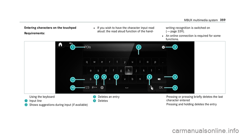 MERCEDES-BENZ GLE SUV 2019  Owners Manual Entering
characters on theto uchpad
Re quirements: R
Ifyo u wish tohave thech aracter input read
aloud: there ad aloud function of the hand‐ writing
recognition is switched on
(→ page 339).
R An o