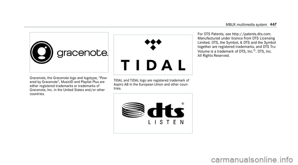 MERCEDES-BENZ GLE SUV 2019  Owners Manual Gracen
ote, the Graceno telogo and logotype, "P ow‐
ered byGracen ote", MusicID and Pla ylist Plus are
either regis tere d trademar ksor trademar ksof
Graceno te, Inc. in the United States a