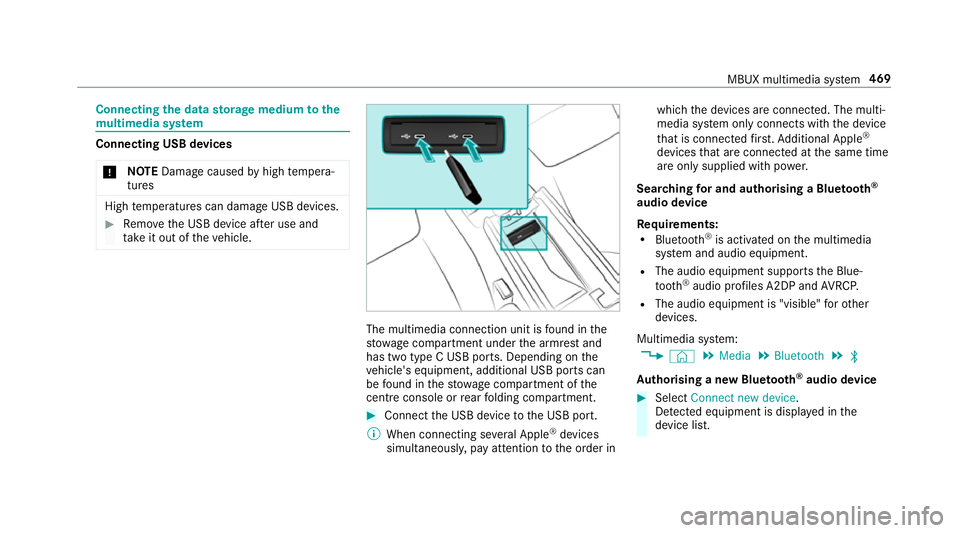 MERCEDES-BENZ GLE SUV 2019  Owners Manual Connecting
the data storage medium tothe
mu ltimedia sy stem Connecting USB devices
* NO
TEDama gecaused byhigh temp era‐
tures High
temp eratures can damage USB devices. #
Remo vethe USB device af 