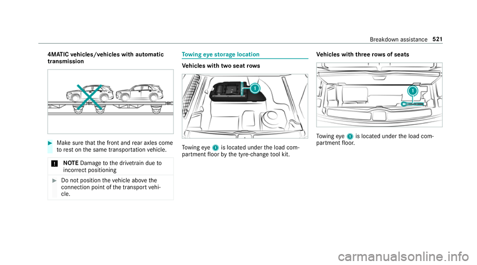 MERCEDES-BENZ GLE SUV 2019  Owners Manual 4MATIC
vehicles/ vehicles with automatic
transmission #
Make sure that the front and rear axles come
to rest on the same transpor tation vehicle.
* NO
TEDama getothe driv etra in due to
incor rect pos