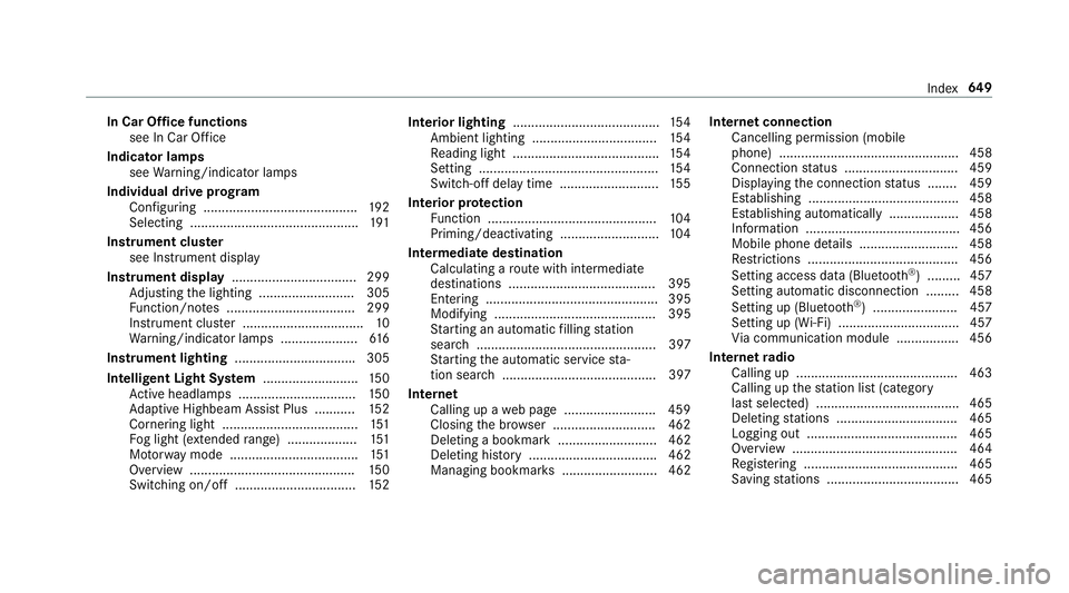 MERCEDES-BENZ GLE SUV 2019  Owners Manual In Car Of
fice functions
see In Car Of fice
Indicator lamps see Warning/indicator lamps
Individual drive prog ram
Con figuring .......................................... 19 2
Selecting ...............