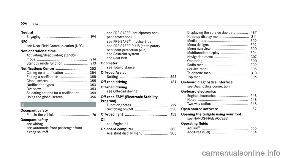 MERCEDES-BENZ GLE SUV 2019  Owners Manual Ne
utral
Engaging .............................................. 194
NFC see Near Field Communication (NFC)
No n-operational time
Ac tivating/deactivating standby
mode ................................