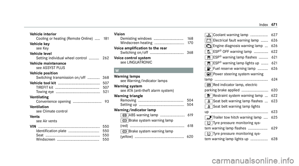 MERCEDES-BENZ GLE SUV 2019  Owners Manual Ve
hicle interior
Cooling or heating (Remo teOnline) ..... 181
Ve hicle key
see Key
Ve hicle le vel
Setting individual wheel control .......... 262
Ve hicle maintenance
see ASS YST PLUS
Ve hicle posit