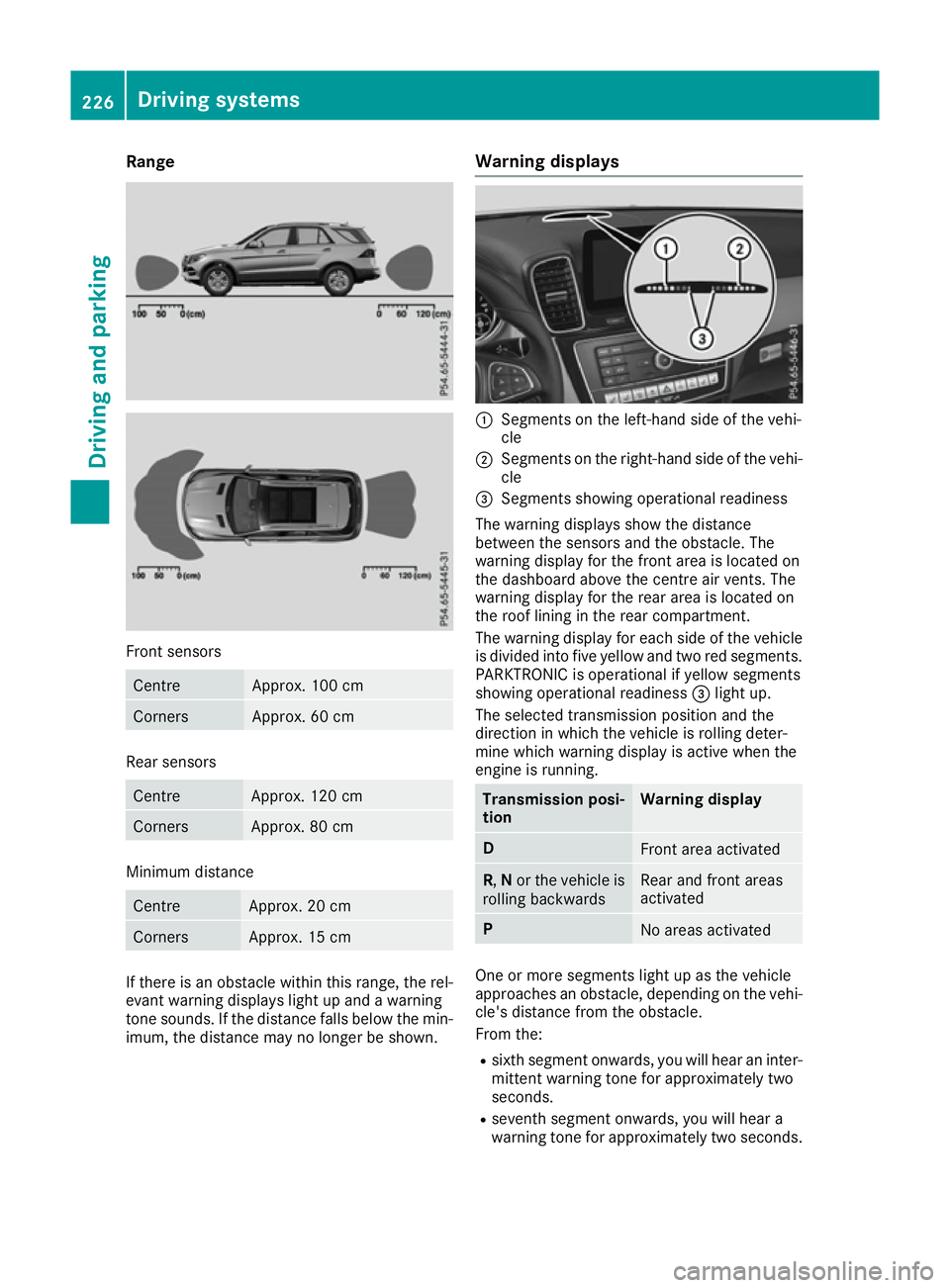 MERCEDES-BENZ GLE SUV 2015  Owners Manual Range
Front sensors
Centre Approx. 100 cm
Corners Approx. 60 cm
Rear sensors
Centre Approx. 120 cm
Corners Approx. 80 cm
Minimum distance
Centre Approx. 20 cm
Corners Approx. 15 cm
If there is an obst