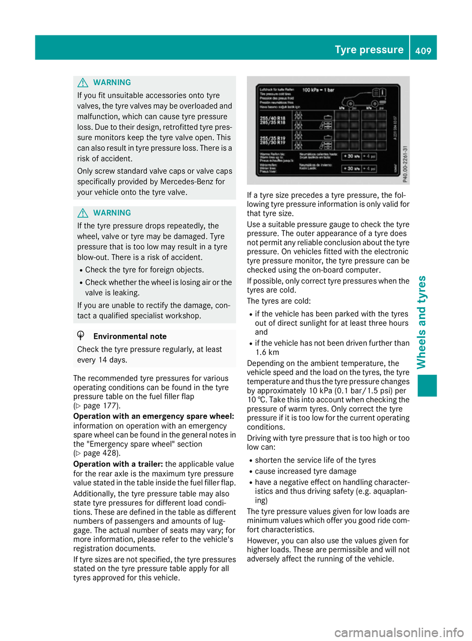 MERCEDES-BENZ GLE SUV 2015 Owners Manual G
WARNING
If you fit unsuitable accessories onto tyre
valves, the tyre valves may be overloaded and malfunction, which can cause tyre pressure
loss. Due to their design, retrofitted tyre pres-
sure mo MERCEDES-BENZ GLE SUV 2015 Owners Manual G
WARNING
If you fit unsuitable accessories onto tyre
valves, the tyre valves may be overloaded and malfunction, which can cause tyre pressure
loss. Due to their design, retrofitted tyre pres-
sure mo