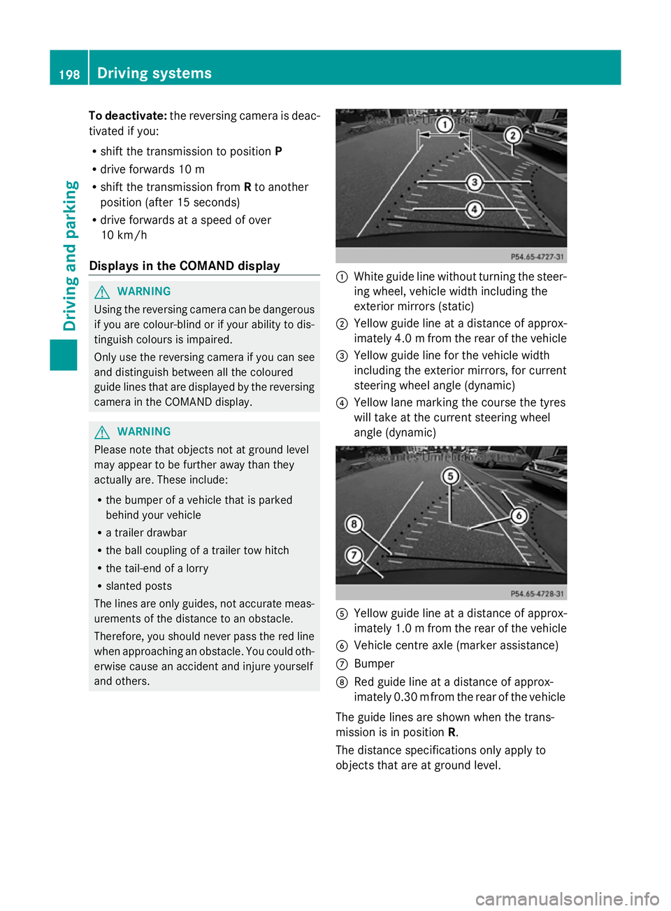 MERCEDES-BENZ GLK SUV 2012  Owners Manual To deactivate:
the reversing camera is deac-
tivated if you:
R shift the transmission to position P
R drive forwards 10 m
R shift the transmission from Rto another
position (after 15 seconds)
R drive 