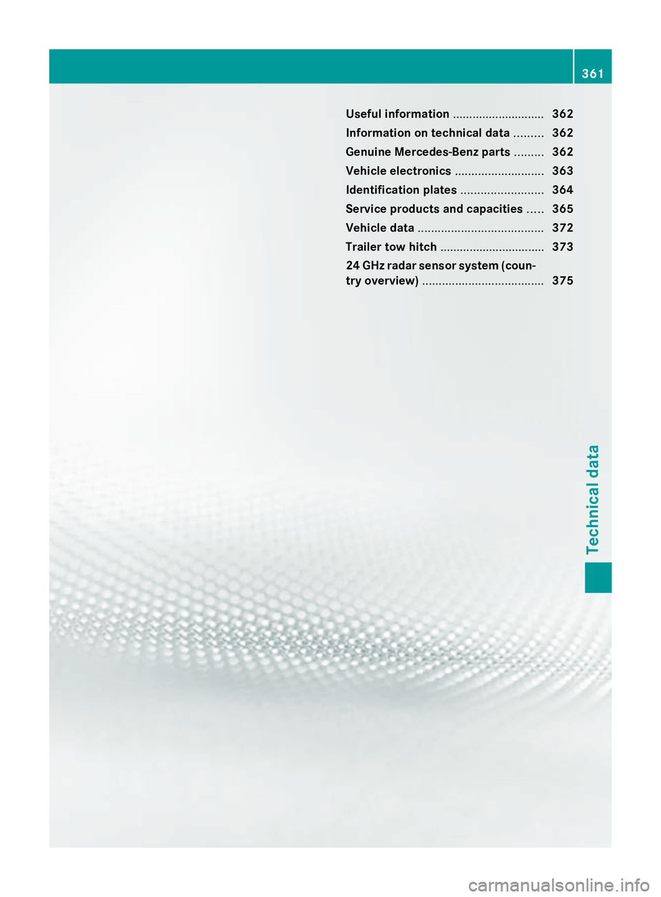 MERCEDES-BENZ GLK SUV 2012  Owners Manual Useful information
............................362
Information on technical data .........362
Genuine Mercedes-Benz parts .........362
Vehicle electronics ...........................363
Identification
