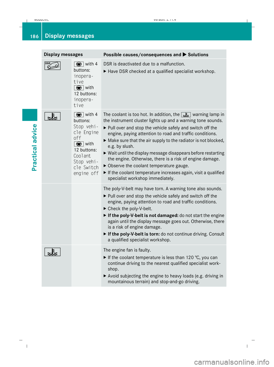 MERCEDES-BENZ GLK SUV 2008  Owners Manual Display messages
Possible causes/consequences and
X
X Solutions Ã a
with 4
buttons:
inopera-
tive
a with
12 buttons:
inopera-
tive DSR is deactivated due to a malfunction.
X
Have DSR checked at a qua