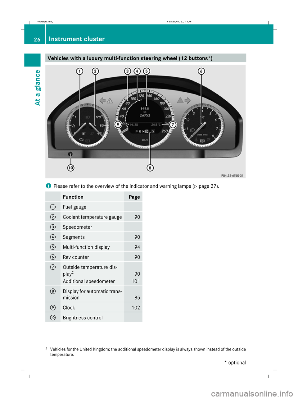 MERCEDES-BENZ GLK SUV 2008  Owners Manual Vehicles with a luxury multi-function steering wheel (12 buttons
*)i
Please refer to the overview of the indicator and warning lamps (Y page 27).
FunctionPage
:Fuel gauge
;Coolant temperature gauge90
