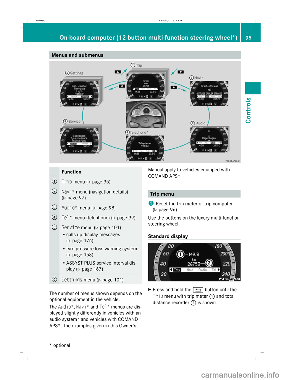 MERCEDES-BENZ GLK SUV 2008  Owners Manual Menus and submenusFunction
:Trip
menu (Y page 95)
;Navi* menu (navigation details)
(Ypage 97)
=Audio* menu (Y page 98)
?Tel* menu (telephone) (Y page 99)
AServicemenu (Ypage 101)
R calls up display me