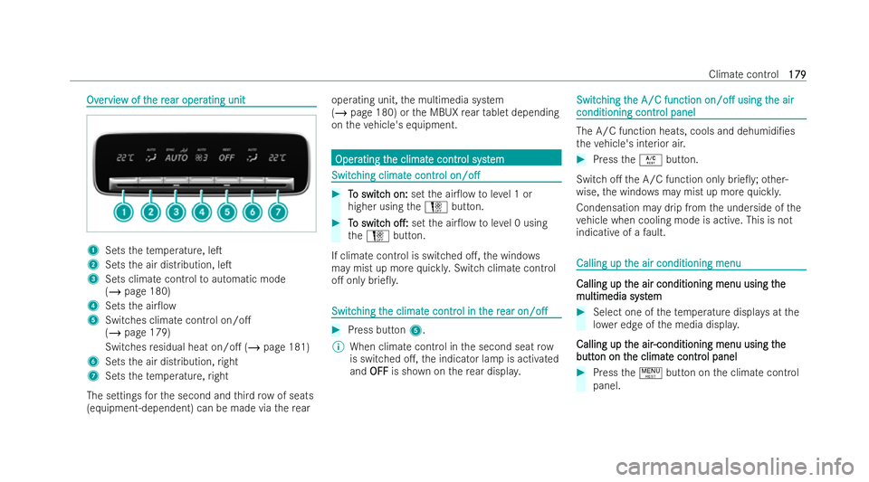 MERCEDES-BENZ GLS SUV 2021 Owners Manual Ov
Ov
er
ervie
vie w of t
w of t he r
he rear oper
ear oper ating unit
ating unit 1
Sets thete mp erature, leT
2 Sets the air distribution, leT
3 Sets climate control toautomatic mode
(/ page 180)
4 MERCEDES-BENZ GLS SUV 2021 Owners Manual Ov
Ov
er
ervie
vie w of t
w of t he r
he rear oper
ear oper ating unit
ating unit 1
Sets thete mp erature, leT
2 Sets the air distribution, leT
3 Sets climate control toautomatic mode
(/ page 180)
4