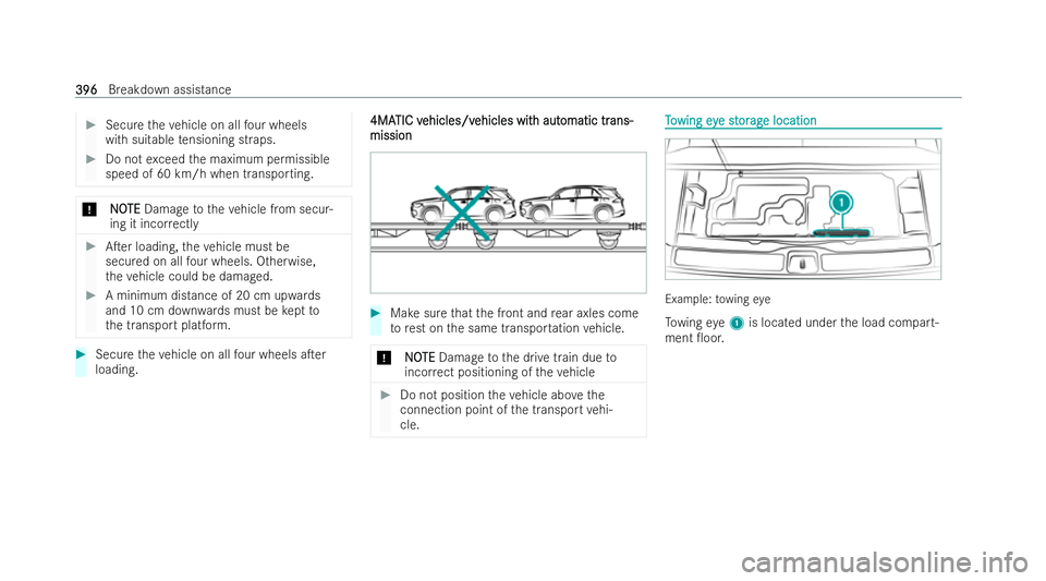 MERCEDES-BENZ GLS SUV 2021 Owners Manual #
Secure theve hicle on all four wheels
with suitable tensioning straps. #
Do not exceed the maximum permissible
speed of 60 km/h when transporting. *
N
NOOTE
TE Damage totheve hicle from secur-
ing i MERCEDES-BENZ GLS SUV 2021 Owners Manual #
Secure theve hicle on all four wheels
with suitable tensioning straps. #
Do not exceed the maximum permissible
speed of 60 km/h when transporting. *
N
NOOTE
TE Damage totheve hicle from secur-
ing i