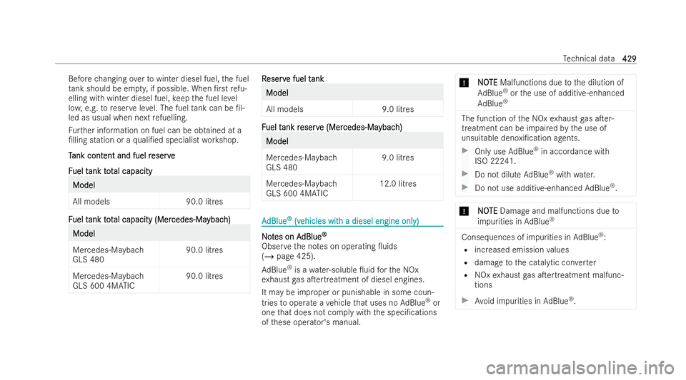 MERCEDES-BENZ GLS SUV 2021 Owners Manual Before
changing over towinter diesel fuel, the fuel
ta nk should be em pty, if possible. When /rst refu-
elling wi thwinter diesel fuel, keep the fuel le vel
lo w, e.g. toreser veleve l. The fuel tan MERCEDES-BENZ GLS SUV 2021 Owners Manual Before
changing over towinter diesel fuel, the fuel
ta nk should be em pty, if possible. When /rst refu-
elling wi thwinter diesel fuel, keep the fuel le vel
lo w, e.g. toreser veleve l. The fuel tan