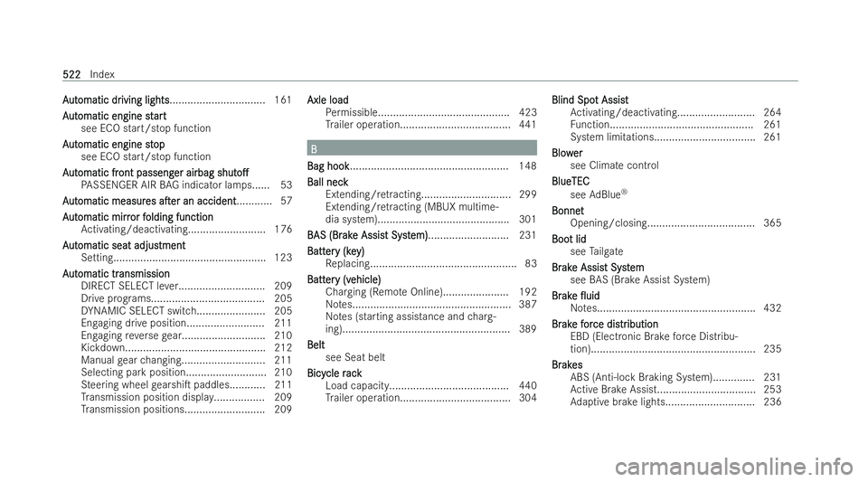 MERCEDES-BENZ GLS SUV 2021 Owners Manual A
A
ut
ut omatic dr
omatic dr iving lights
iving lights................................ 161
A
A ut
ut omatic engine st
omatic engine st art
art
see ECO start/s top function
A
A ut
ut omatic engine st
MERCEDES-BENZ GLS SUV 2021 Owners Manual A
A
ut
ut omatic dr
omatic dr iving lights
iving lights................................ 161
A
A ut
ut omatic engine st
omatic engine st art
art
see ECO start/s top function
A
A ut
ut omatic engine st
