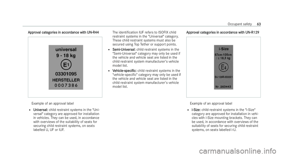 MERCEDES-BENZ GLS SUV 2021 Owners Manual Approv
Approv
al cat
al categor
egories in accor
ies in accor dance wit
dance with UN-R44
h UN-R44 Example of an app
rova l label
R U
Univniv er
er sal:
sal: child restraint systems in the "Uni-
v MERCEDES-BENZ GLS SUV 2021 Owners Manual Approv
Approv
al cat
al categor
egories in accor
ies in accor dance wit
dance with UN-R44
h UN-R44 Example of an app
rova l label
R U
Univniv er
er sal:
sal: child restraint systems in the "Uni-
v