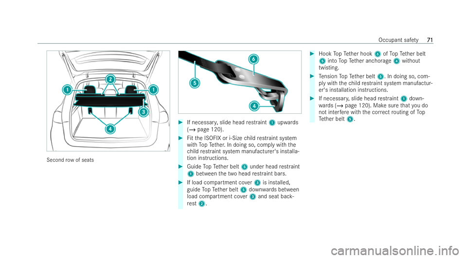 MERCEDES-BENZ GLS SUV 2021  Owners Manual Second
row of seats #
If necessar y,slide head restraint 1upwa rds
( / page 120). #
Fitth e ISOFIX or i‑Size child restraint system
wi th TopTe ther. In doing so, comply with the
ch ild restraint sy