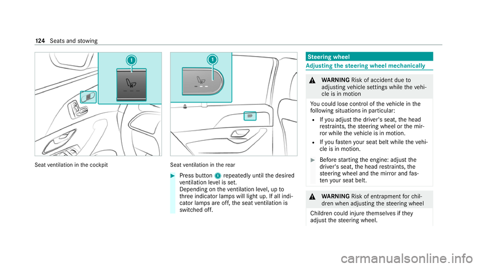 MERCEDES-BENZ GLS SUV 2020 Owners Manual Seat
ventilation in the cockpit Seat
ventilation in there ar #
Press button 1repeatedly until the desired
ve ntilation le vel is set.
Depending on theve ntilation le vel, up to
th re e indicator lamps MERCEDES-BENZ GLS SUV 2020 Owners Manual Seat
ventilation in the cockpit Seat
ventilation in there ar #
Press button 1repeatedly until the desired
ve ntilation le vel is set.
Depending on theve ntilation le vel, up to
th re e indicator lamps