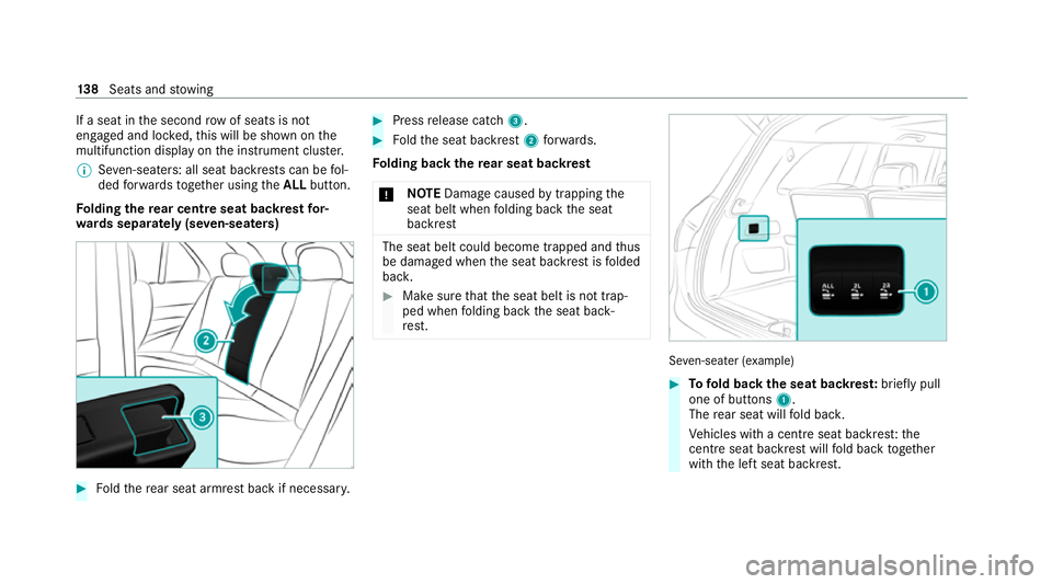 MERCEDES-BENZ GLS SUV 2020 Owners Manual If a seat in
the second rowof seats is not
engaged and loc ked, this will be shown on the
multifunction display on the instrument clus ter.
% Seven-sea ters: all seat ba ckrests can be fol‐
ded forw MERCEDES-BENZ GLS SUV 2020 Owners Manual If a seat in
the second rowof seats is not
engaged and loc ked, this will be shown on the
multifunction display on the instrument clus ter.
% Seven-sea ters: all seat ba ckrests can be fol‐
ded forw